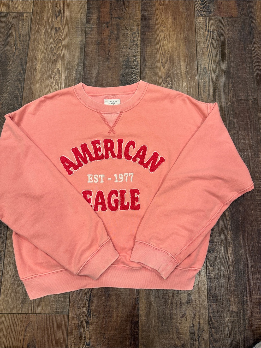 American Eagle Outfitters Coral Pink Crewneck Sweatshirt with Red Logo